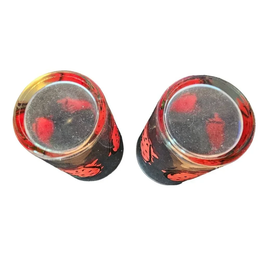 Strawberry Print Clear Drinking Glasses Set of 2 Vtg Unmarked Red Green Cartoon